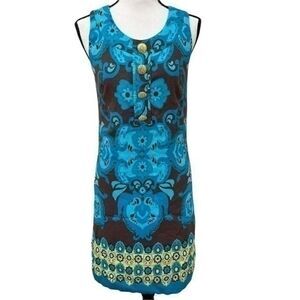 Elizabeth Howard Turquoise and Brown Abstract Print Linen Blend Sheath Dress sz8